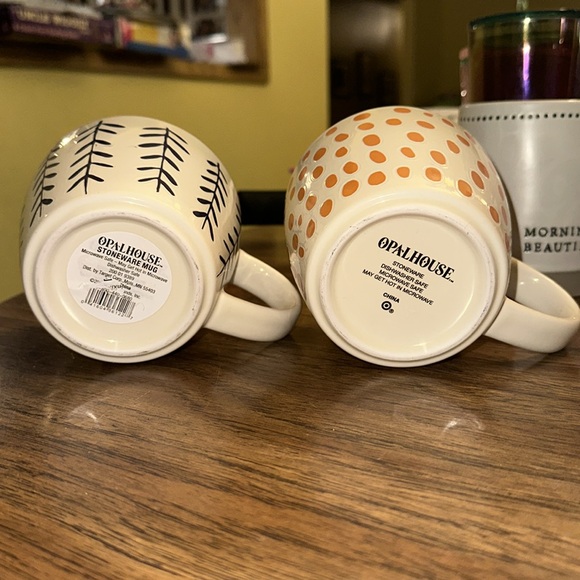 SET OF 2 ORANGE & PINK DOTTED AND BLUE VINES OPALHOUSE 16oz STONEWARE MUGS - Picture 3 of 3